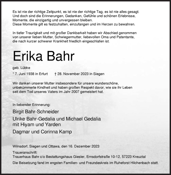Traueranzeige von Erika Bahr von Siegener Zeitung