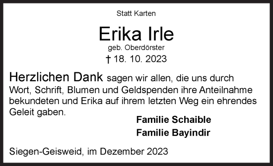 Traueranzeige von Erika Irle von Siegener Zeitung