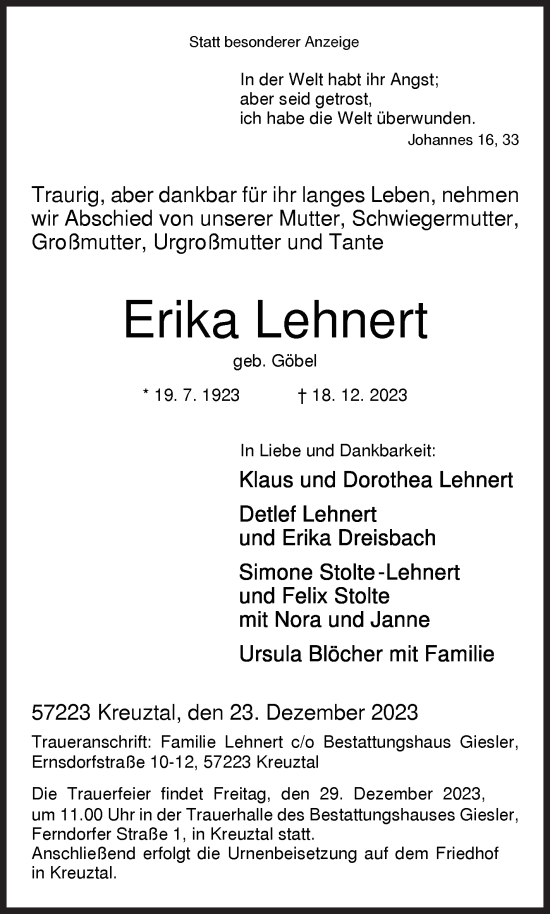 Traueranzeige von Erika Lehnert von Siegener Zeitung