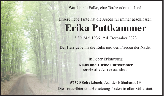 Traueranzeige von Erika Puttkammer von Siegener Zeitung