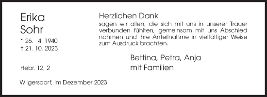 Traueranzeige von Erika Sohr von Siegener Zeitung