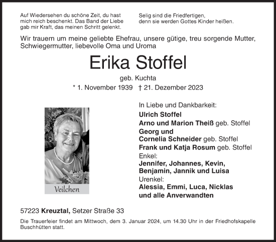 Traueranzeige von Erika Stoffel von Siegener Zeitung