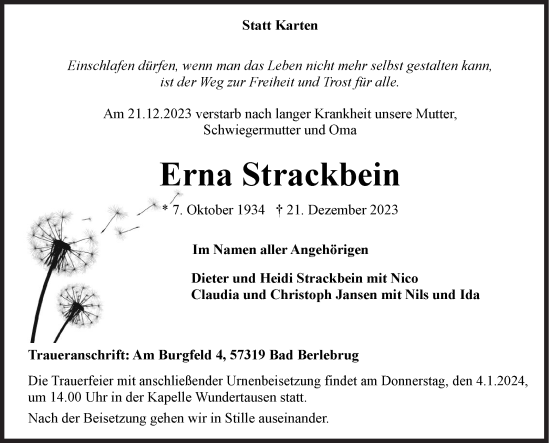 Traueranzeige von Erna Strackbein von Siegener Zeitung