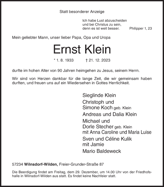 Traueranzeige von Ernst Klein von Siegener Zeitung
