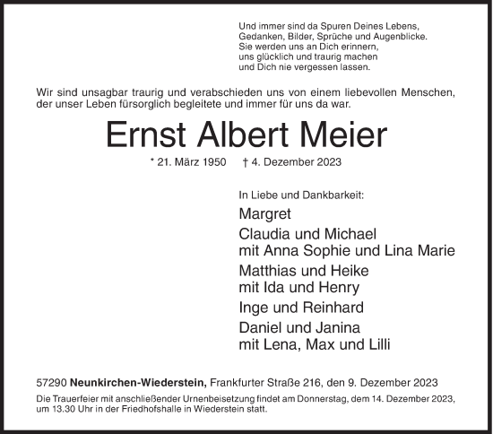 Traueranzeige von Ernst Albert Meier von Siegener Zeitung