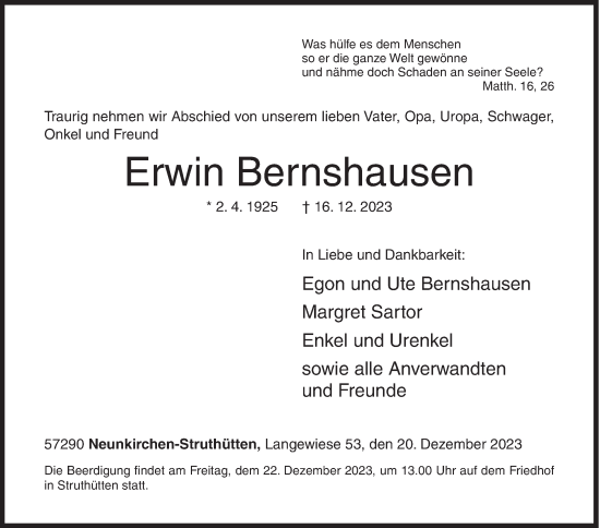 Traueranzeige von Erwin Bernshausen von Siegener Zeitung