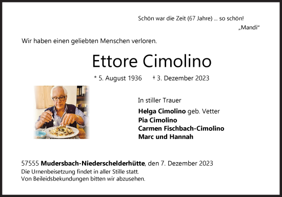 Traueranzeige von Ettore Cimolino von Siegener Zeitung