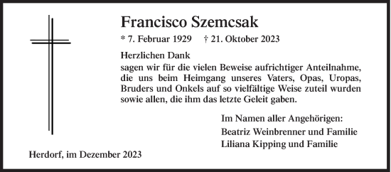 Traueranzeige von Francisco Szemcsak von Siegener Zeitung