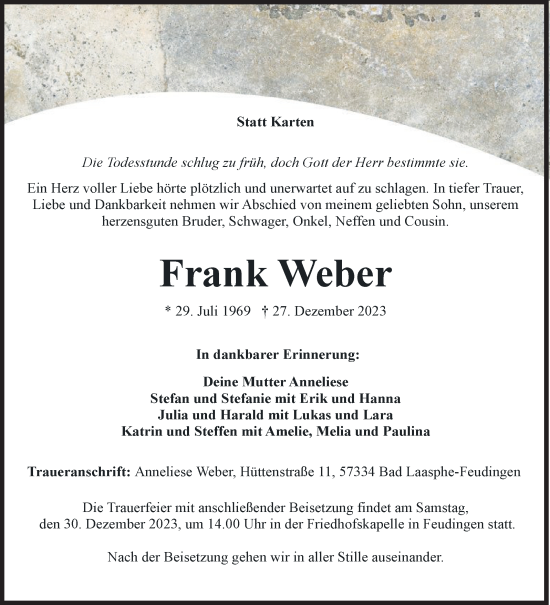 Traueranzeige von Frank Weber von Siegener Zeitung