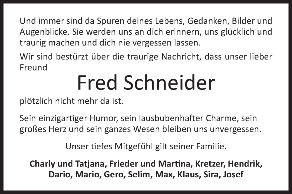  Traueranzeige für Fred Schneider vom 02.12.2023 aus Siegener Zeitung