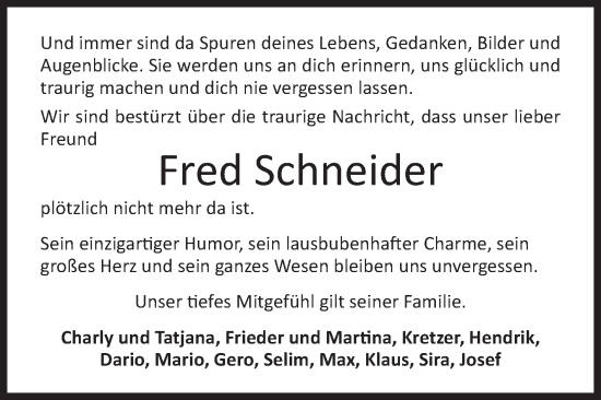 Traueranzeige von Fred Schneider von Siegener Zeitung