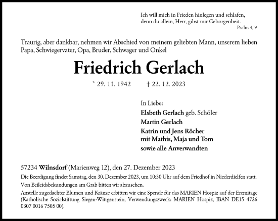 Traueranzeige von Friedrich Gerlach von Siegener Zeitung