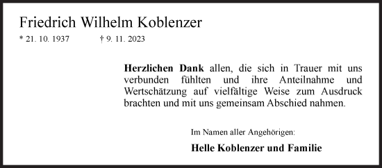 Traueranzeige von Friedrich Wilhelm Koblenzer von Siegener Zeitung