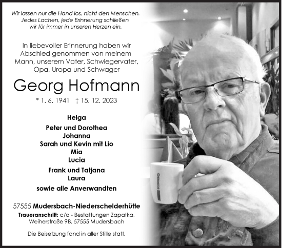 Traueranzeige von Georg Hofmann von Siegener Zeitung