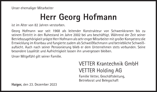 Traueranzeige von Georg Hofmann von Siegener Zeitung