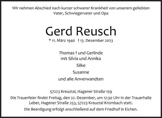 Traueranzeige von Gerd Reusch von Siegener Zeitung