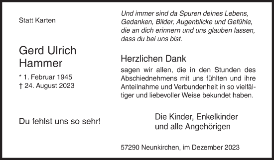 Traueranzeige von Gerd Ulrich Hammer von Siegener Zeitung