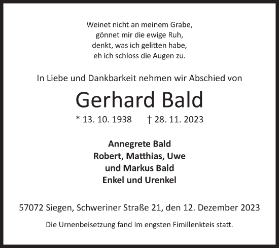 Traueranzeige von Gerhard Bald von Siegener Zeitung