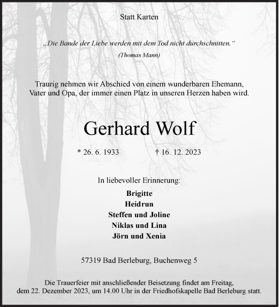 Traueranzeige von Gerhard Wolf von Siegener Zeitung