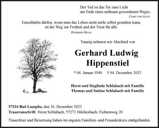 Traueranzeige von Gerhard Ludwig Hippenstiel von Siegener Zeitung