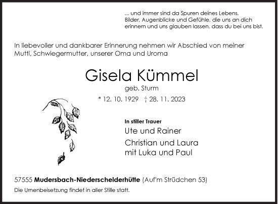 Traueranzeige von Gisela Kümmel von Siegener Zeitung