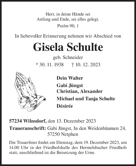 Traueranzeige von Gisela Schulte von Siegener Zeitung