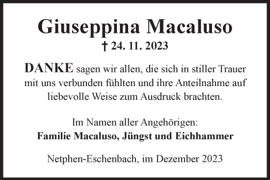 Traueranzeige von Giuseppina Macaluso von Siegener Zeitung