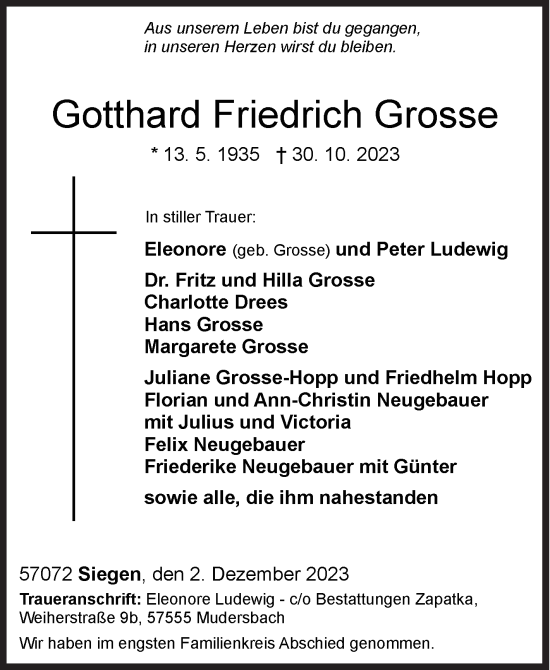 Traueranzeige von Gotthard Friedrich Grosse von Siegener Zeitung