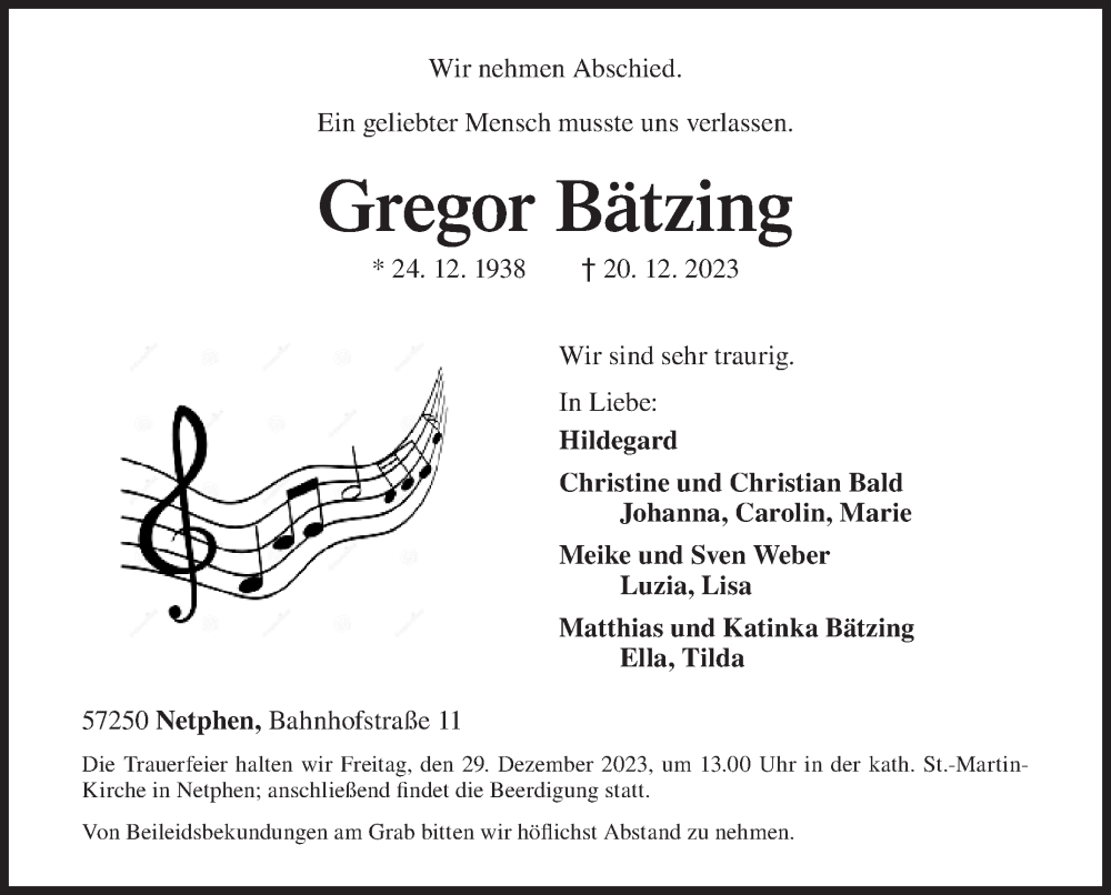  Traueranzeige für Gregor Bätzing vom 23.12.2023 aus Siegener Zeitung