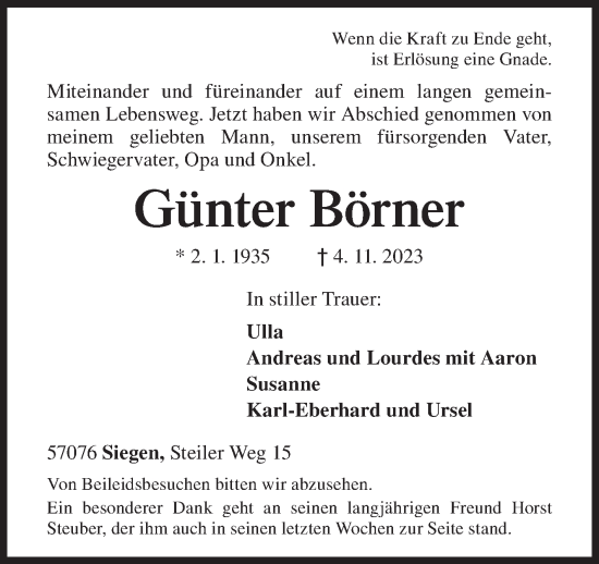 Traueranzeige von Günter Börner von Siegener Zeitung