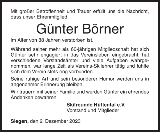 Traueranzeige von Günter Börner von Siegener Zeitung