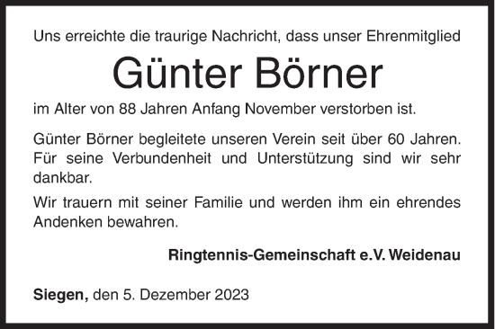 Traueranzeige von Günter Börner von Siegener Zeitung