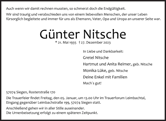 Traueranzeige von Günter Nitsche von Siegener Zeitung