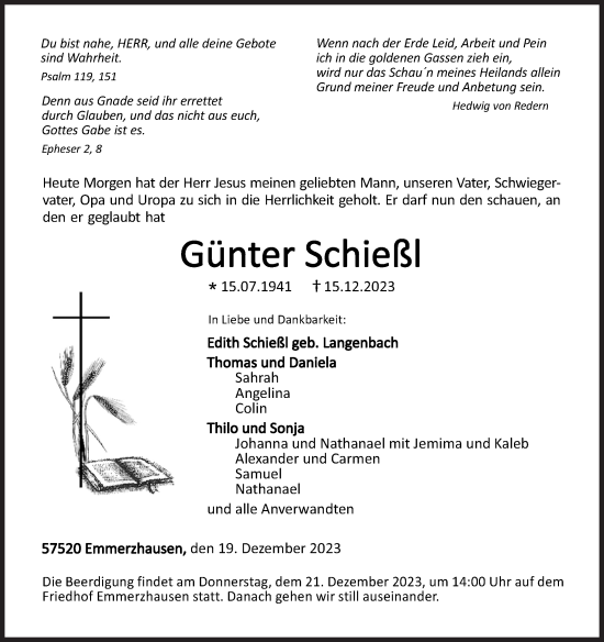 Traueranzeige von Günter Schießl von Siegener Zeitung