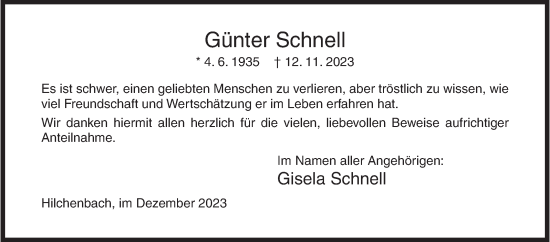Traueranzeige von Günter Schnell von Siegener Zeitung