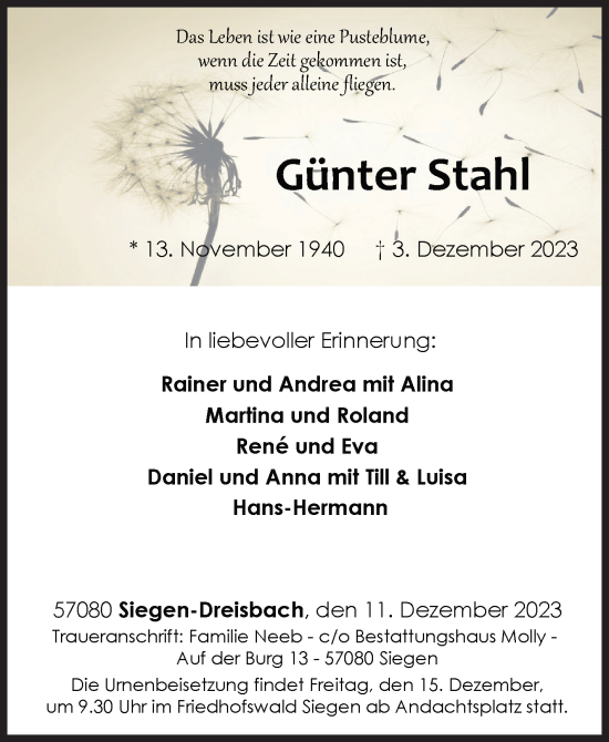 Traueranzeige von Günter Stahl von Siegener Zeitung