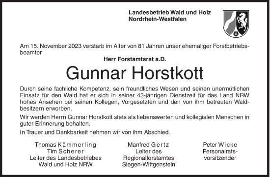 Traueranzeige von Gunnar Horstkott von Siegener Zeitung