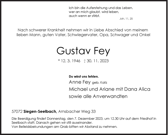 Traueranzeige von Gustav Fey von Siegener Zeitung