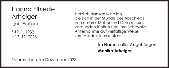 Traueranzeige von Hanna Elfriede Arhelger von Siegener Zeitung
