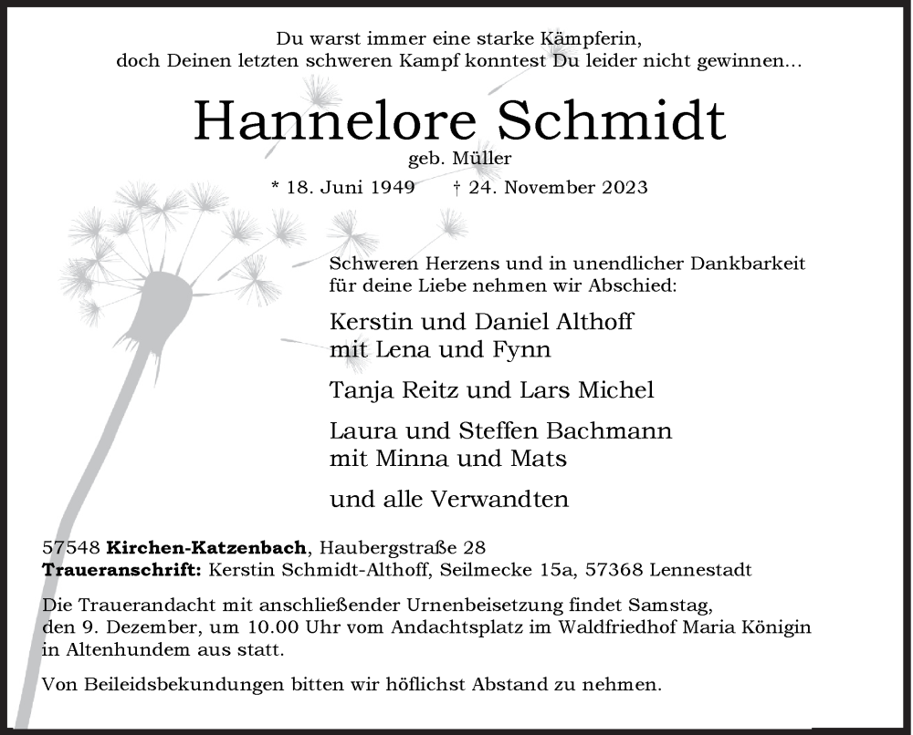  Traueranzeige für Hannelore Schmidt vom 02.12.2023 aus Siegener Zeitung