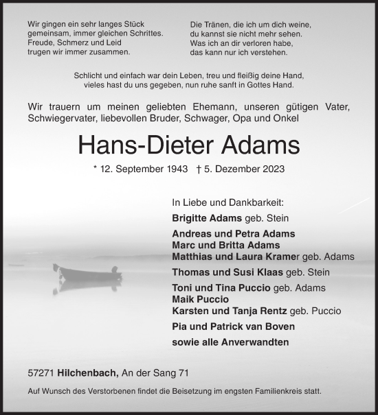 Traueranzeige von Hans-Dieter Adams von Siegener Zeitung