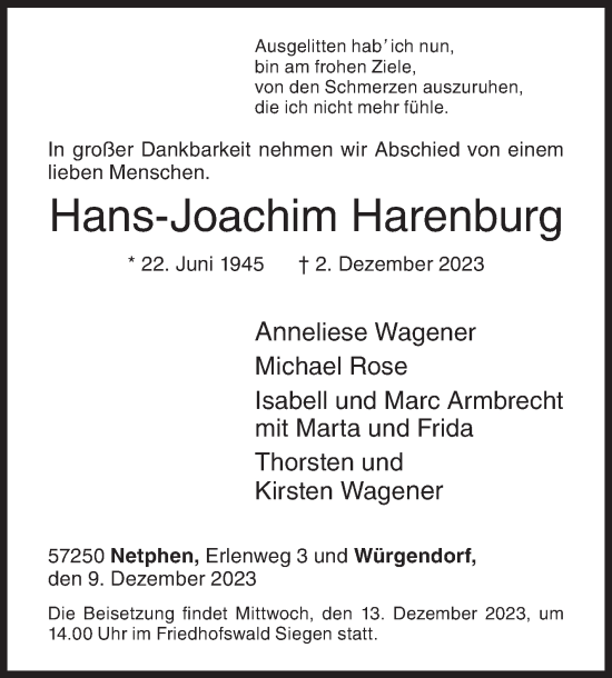 Traueranzeige von Hans-Joachim Harenburg von Siegener Zeitung
