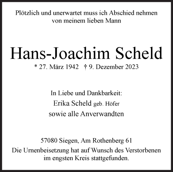 Traueranzeige von Hans-Joachim Scheld von Siegener Zeitung