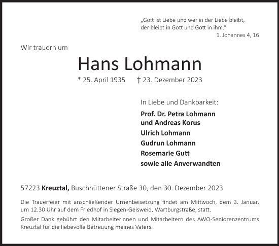 Traueranzeige von Hans Lohmann von Siegener Zeitung