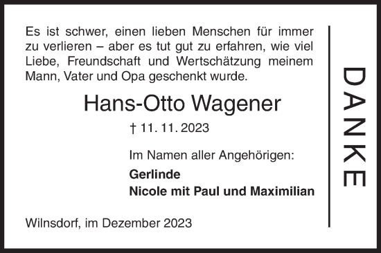 Traueranzeige von Hans-Otto Wagener von Siegener Zeitung