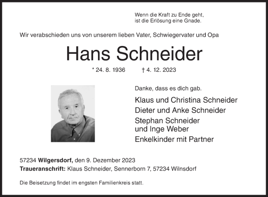 Traueranzeige von Hans Schneider von Siegener Zeitung