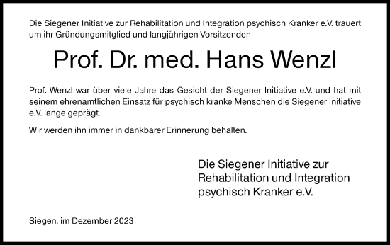 Traueranzeige von Hans Wenzl von Siegener Zeitung