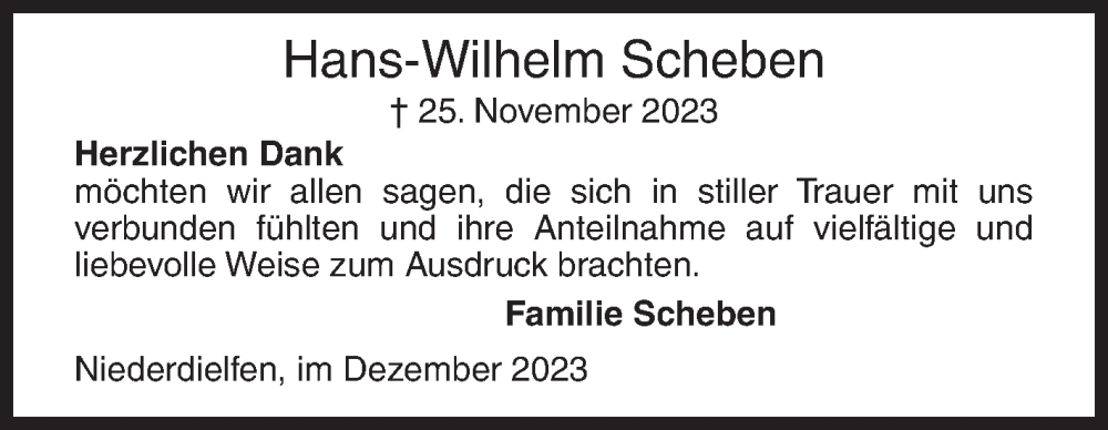  Traueranzeige für Hans-Wilhelm Scheben vom 20.12.2023 aus Siegener Zeitung
