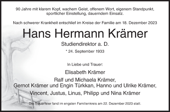Traueranzeige von Hans Hermann Krämer von Siegener Zeitung