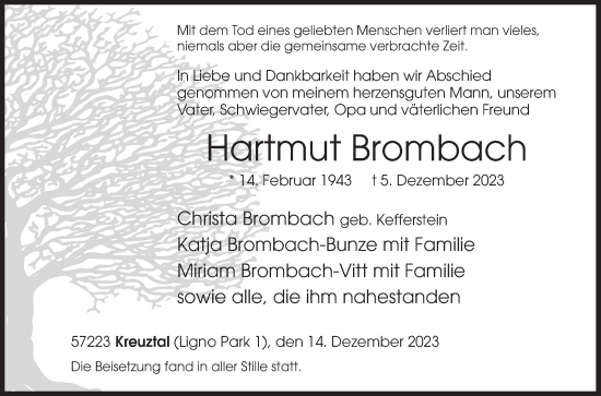 Traueranzeige von Hartmut Brombach von Siegener Zeitung